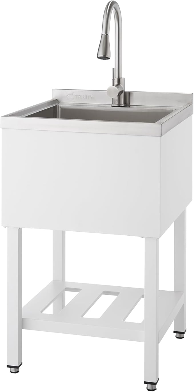 TRINITY THAPWH-0327 Stainless Steel Freestanding Single Bowl Utility Sink for Garage, Laundry Room, Commercial Use, Includes Pull-Out Faucet, NSF, UPC and cUPC Certified, 21.5" x 22" x 49.2", White