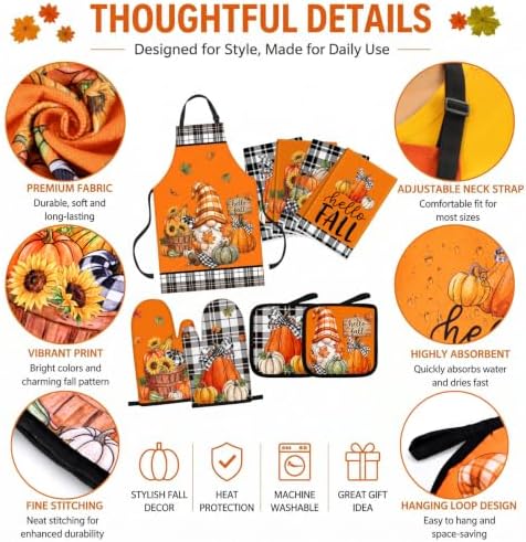 12 Pcs Fall Kitchen Decor Set, Plaid Orange Thanksgiving Kitchen Set