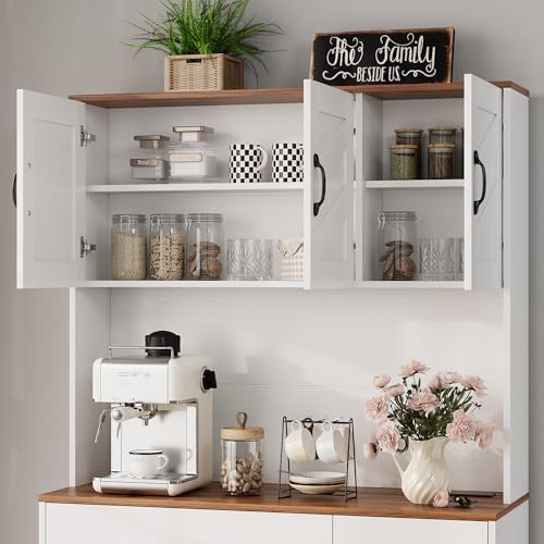 Garvee 71" Kitchen Pantry Cabinet with Charging Station, Kitchen Hutch Storage Cabinet with Large Countertop & 2 Drawers, Wood Farmhouse Food Pantry Cabinet for Dining Room, Living Room, White