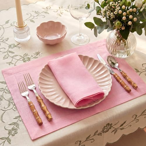 Solino Home 100% Linen Placemats Pink Lemonade, Fete 14 x 19 in, Set of 4
