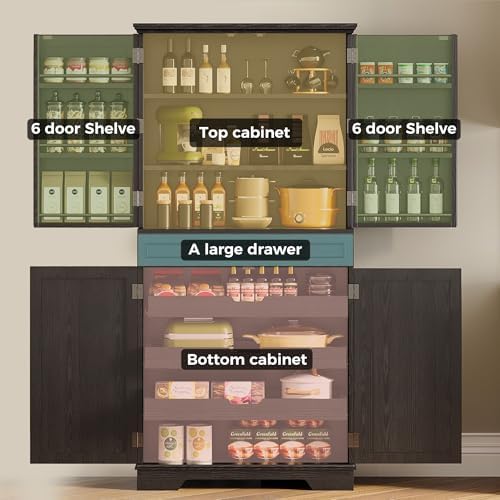 IRONCK 72" Farmhouse Kitchen Pantry Cabinet with Sliding Storage Rack,Black