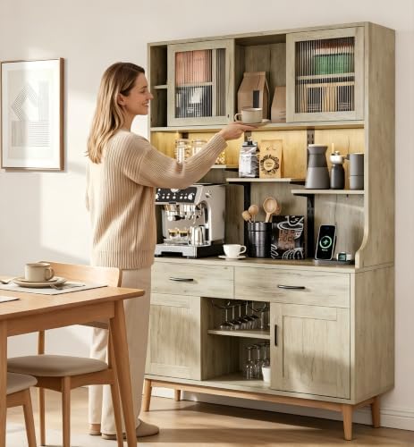 Einhomn 71" Kitchen Pantry Cabinet with UL Charging Station, 3 Adjustable Shelves, App-Dimmable LED Light, Wine Rack, Farmhouse Style, Buffet Cabinet for Kitchen/Dining/Living, Natural Wood