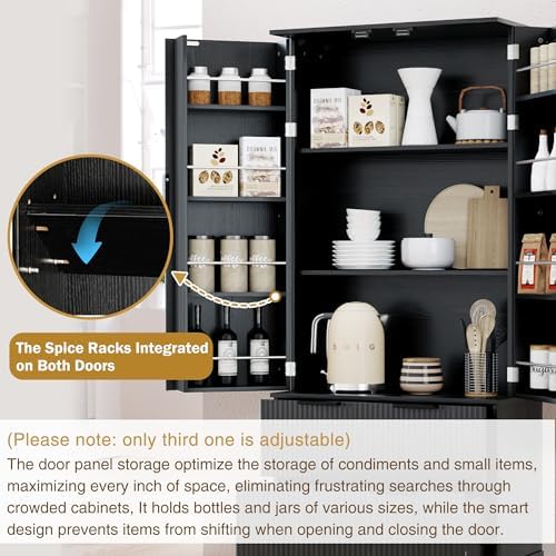 KEIKI 72" Fluted Kitchen Pantry Cabinet with 2 Drawers & 8 Door Spice Racks, Tall Freestanding Storage Cabinet with Adjustable Shelf for Kitchen, Dining Room, Bathroom, Black