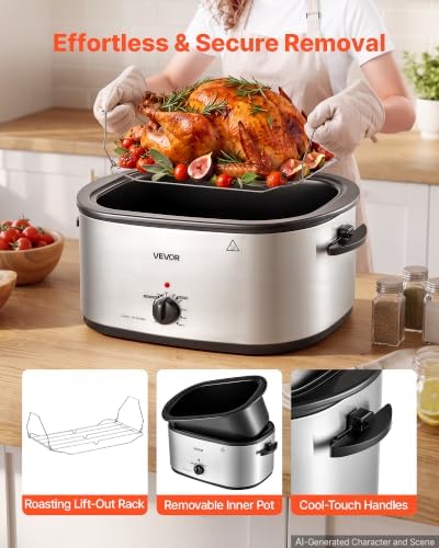 VEVOR Electric Roaster Oven, 26 Qt 1450W, Turkey Roasting Pan, Viewing Lid