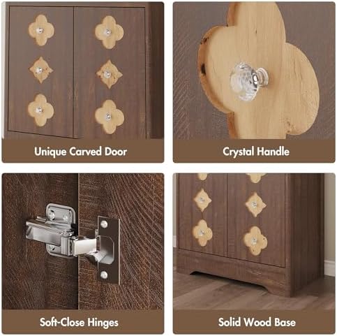 IDEALHOUSE Mid Century Modern Kitchen Pantry Cabinet, 72" Tall Storage Cabinet with Microwave Shelf, Wooden Freestand Cupboard with Carved Flower Door & Crystal Handle, for Dining Room