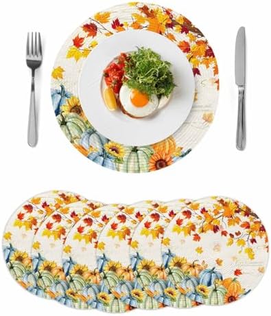 Fall Round Placemats Set of 6 Thanksgiving Autumn Maple Leaves Place Mats Woven Placemat Sunflower Orange Blue Green Pumpkin Circle Braided Table Mat for Kitchen Holiday Party Fall Decor 15 Inch