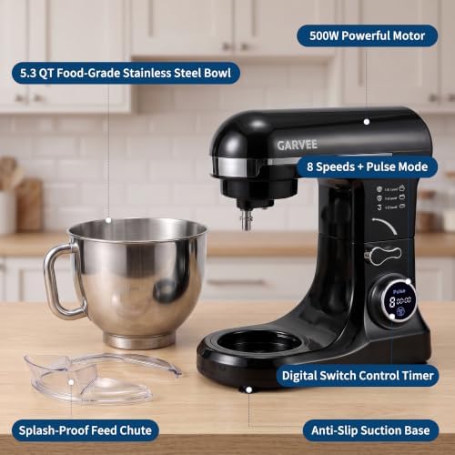 Garvee 5.3 QT Tilt-Head Stand Mixer, 500W Motor, 8-Speed Electric Kitchen Mixer with Stainless Steel Bowl, Dough Hook, Flat Beater & Wire Whisk for Bread Dough, Cake, Cookies & Pizza, Black