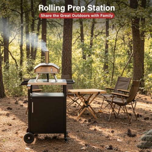 Outdoor Grill Table Cart with Storage Cabinet, Stainless Steel Outdoor Kitchen Island on Wheels, Mobile BBQ Prep Station with Bottle Opener, Seasoning Tray, Black