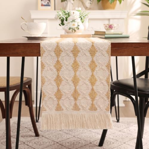 Beige Boho Table Runner for Fall Thanksgiving Home Decor 72 Inches Long