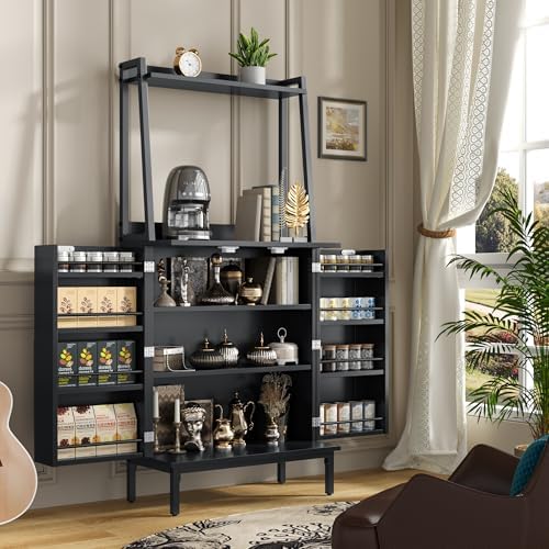 kepptory 51" Kitchen Baker's Rack with Storage, Microwave & Toaster Oven Stand, Freestanding Coffee Bar Station with Wine Glass Holder & Side Storage Shelves, Black