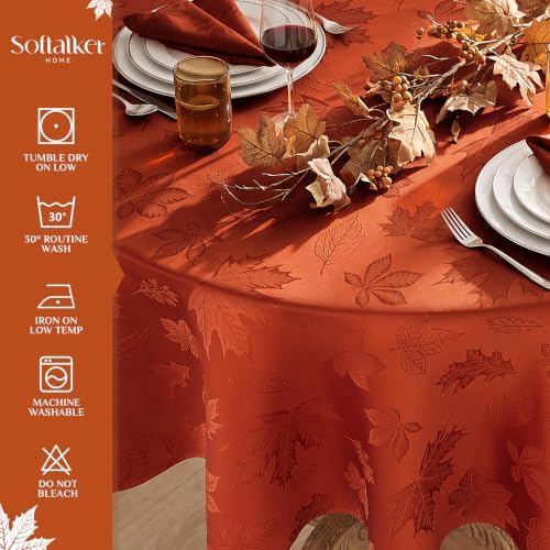 Softalker Fall Jacquard Round Tablecloth, 90 Inch Burnt Orange
