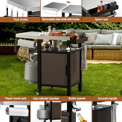 onlyfire 35" Kitchen Island w/XL Stainless Steel Top Board & Rattan Cabinet
