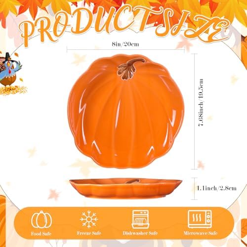 Rtteri 4 Pcs Pumpkin Ceramic Plates 8 Inch Thanksgiving Ceramic Pumpkin Platter Fall Versatile Serving Dish for Salads Fruit Dessert Smooth Textured Dinnerware Thanksgiving Fall Table Decoration