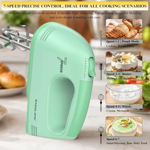 BAIGELONG Hand Mixer. 7-Speed Adjustable Kitchen Electric Mixer. With 5 Stainless Steel Attachments: 2 Hooks, 2 Beaters, 1 Whisk. Comes 1 Storage Box. Perfect for Bakers and New Starters, Green