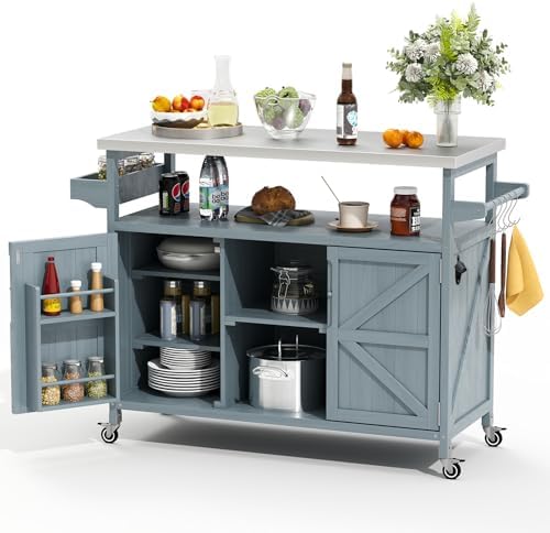 Zevemomo Outdoor Grill Cart with Storage, Lockable Casters, Gray-Blue