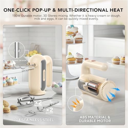 Hand Mixer Electric, 5-Speed Small Handheld Mixer, 2* (Dough Hooks & Beaters) Food Blender, Kitchen Blender for Baking, Cream, Cookies, 304 Dishwasher Safe