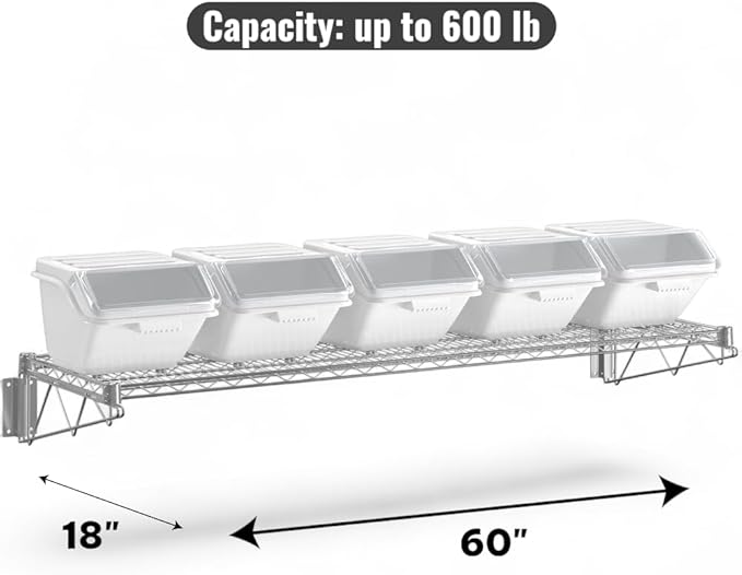 18" x 60" Chrome Wall-Mounted Wire Shelf Kit with Clip-in Ingredient Storage Bins, Heavy-Duty Steel Rack, Supports up to 600 lb, Flip-Top Lids, Open-Wire Design for Kitchen/Prep/Storage