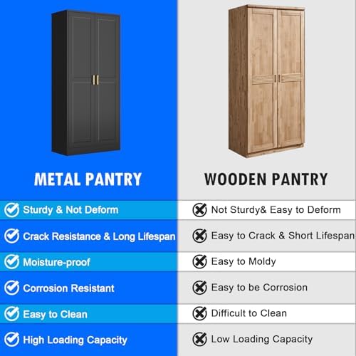 Polup 60" Black Metal Kitchen Pantry Storage Cabinet with Doors and Shelves