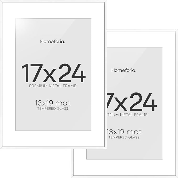 Homeforia 17x24 Picture Frame White, High End Metal 17x24 Poster Frames with Mat 13x19 Photo, 17 x 24 White Frame Matted to 13 by 19 Print, 24by17 Thin Hanging Frames, Tempered Glass, Wall Kit, Set of 2