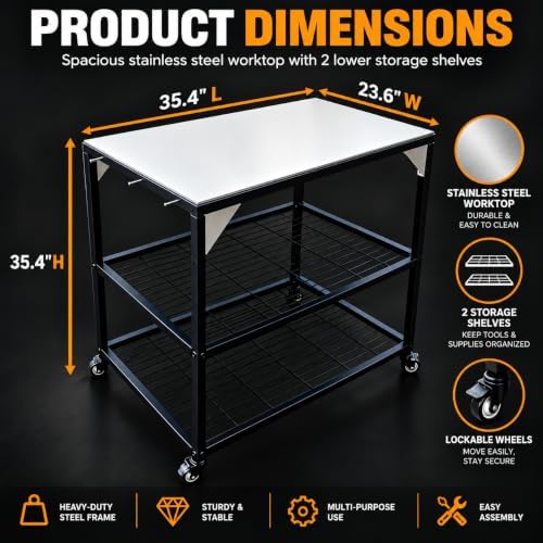 Outdoor Pizza Oven Table, Grill Cart with Wheels, Metal BBQ Prep Table and Outdoor Cooking Station, Compatible with Ooni Pizza Ovens and Blackstone Griddles