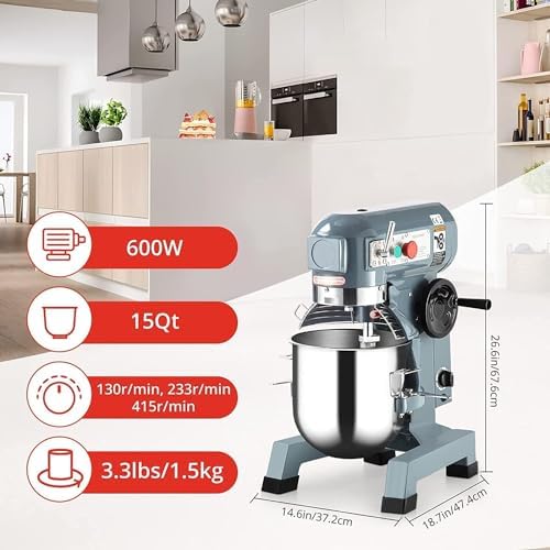 Commercial Food Mixer 15Qt, 600W Electric Food Mixer 3 Speeds Adjustable, Stainless Steel Bowl Heavy Duty Food Mixer with Safety Guard, Dough Hook Whisk Beater Included, Perfect for Bakery Pizzeria