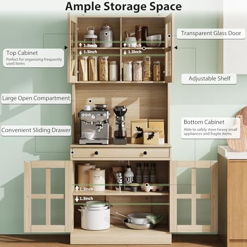 IDEAHOUSE 72" Kitchen Pantry Cabinet with Glass Doors & Drawer, Wood