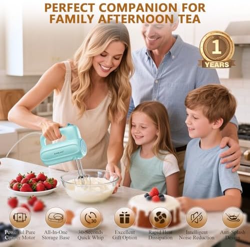 BAIGELONG Hand Electric Mixer, 5-Speed KitchenMixer with 5 * 304 Stainless Steel Attachments + Storage Base, Food Handheld Mixer for Baking, Whipping Cream, Cake Mixing, Blue