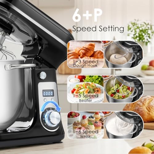 Electric Stand Mixer, 6.34QT 6-Speed Food Mixer with Timer