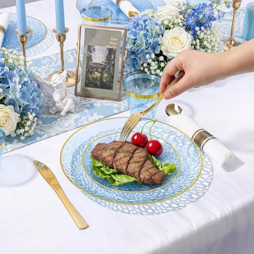 Rubtlamp 100Pcs Blue Gold Plastic Plates, Blue Disposable Plates With Gold Rim, Hammered Plastic Plates Include 50 Dessert Platos, 50 Dinner Platos for Party