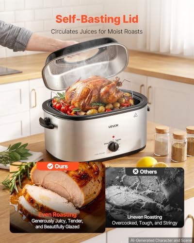 VEVOR Electric Roaster Oven, 26 Qt 1450W, Turkey Roasting Pan, Viewing Lid