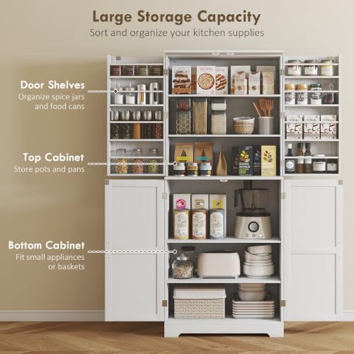 HOMCOM 72" Farmhouse Kitchen Pantry Cabinet, Tall, 4 Barn Doors, White