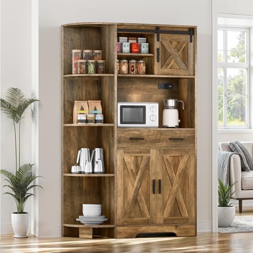 DWVO 67" Pantry Cabinet with Power Outlet & Barn Doors, Rustic Brown