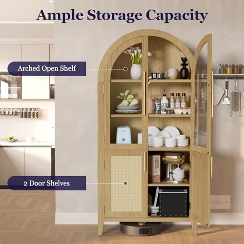 63" Tall Arched Cabinet with Glass Doors, Kitchen Pantry Storage Cabinet with Dust-Proof Rattan, 5-Tier Curio China Cabinet with Adjustable Shelves for Living Room Dining Room, Oak