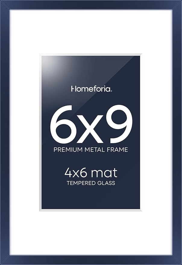 Homeforia 6x9 Picture Frame Navy Blue, High End Metal 6 x 9 Frames with Mat 4 x 6 for Print, 6by9 Desk Frame Matted to 4x6 inch Photo, 6 by 9 Wall or Tabletop Frame, Tempered Glass, Wall Kit, Set of 1