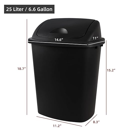 4 Pack 6.6 Gallon Black Garbage Bins, Plastic Trash Can with Swing Lid