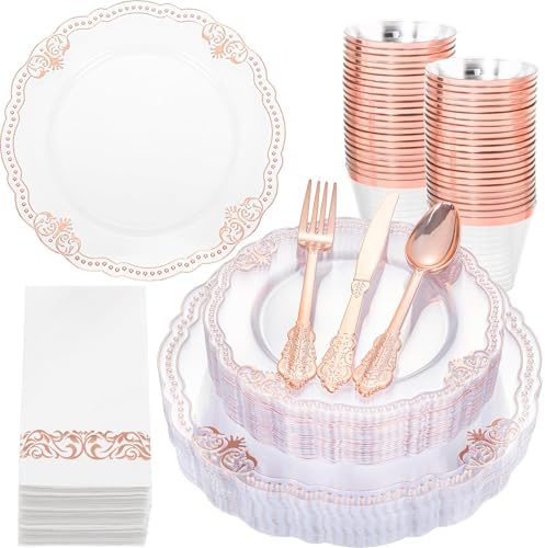 Ciaell 175 Piece Rose Gold Plastic Plates for Weddings Parties
