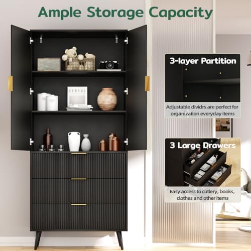 NicBex Kitchen Pantry Cabinet with 3 Drawers & Adjustable Shelves, Black