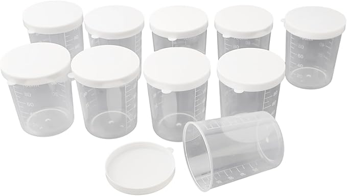 100ml Medicine Measuring Cups - 10 Pcs Clear Plastic Containers with White Lids for Liquid and Sample Measurement