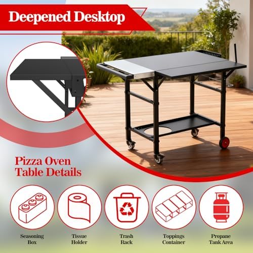 Grill Table for Pizza Ovens, Ninja Pizza Oven Table with Extendable Desk, Durable Outdoor Grill Cart Stand with Food Prep Topping Station for Patio, Backyard,43" L × 27" W