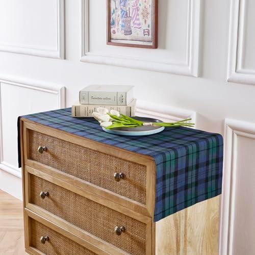 Solino Home 100% Pure Linen Table Runner, 14 x 36 in, Blue and Green Plaid