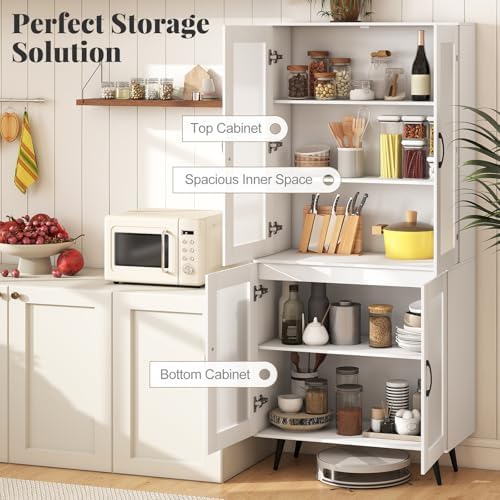 GIANTEX Kitchen Pantry Storage Cabinet, 70.5" Cupboard with 4 Transparent Doors, Adjustable Shelf & Metal Legs, Freestanding Tall Hutch Cabinet for Dining Room, Living Room, Office & Bathroom, White