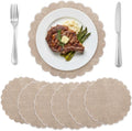 Set of 6 Linen Boho Cotton Placemats 15" Round Scalloped White