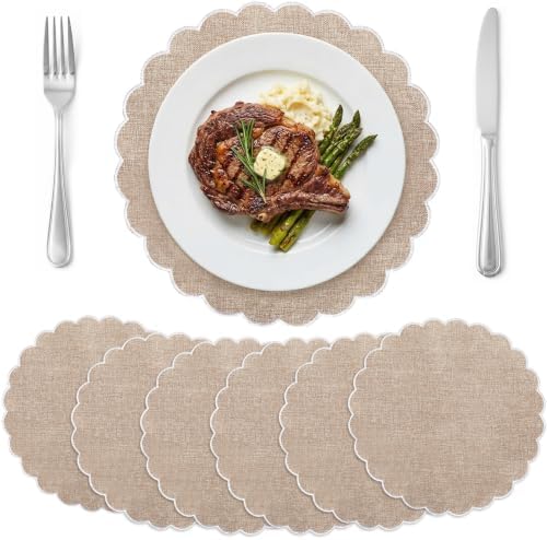 Set of 6 Linen Boho Cotton Placemats 15" Round Scalloped White