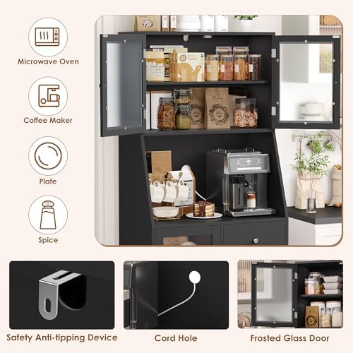 BOTLOG 64'' Kitchen Pantry Storage Cabinet, Tall Kitchen Storage Cabinet with Microwave Stand, Hutch Cabinet with Adjustable Shelves, for Dining Room, Black