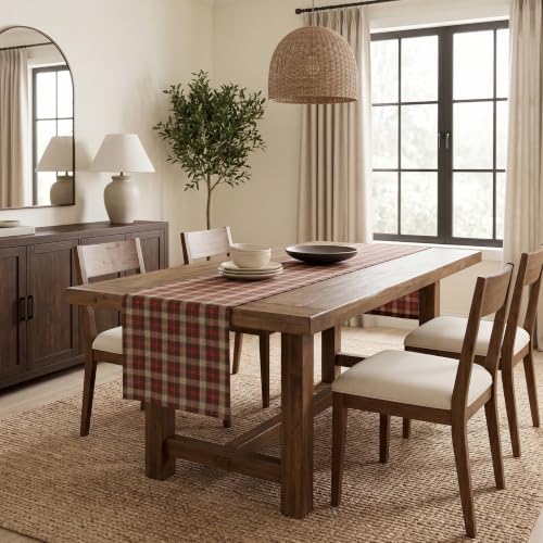 Solino Home 100% Pure Linen Table Runner Brown, Hunter's Plaid 14 x 108 in