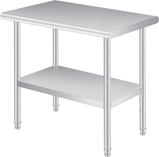  Stainless Steel Prep Table, 24 x 48 Inches Heavy Duty Commercial , with Rounded-Corner, Adjustable Undershelf and 4 Caster Wheels, Heavy Duty Work Table with Adjustable Under Shelf for Outdoor, Res