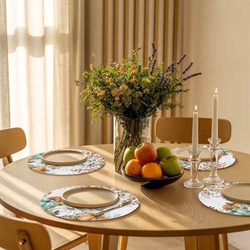 Fall Round Placemats Set of 2 Thanksgiving Autumn Eucalyptus Leaf Place Mats Woven Placemat Sage Green Maple Leaves Pumpkin Circle Braided Table Mat for Kitchen Holiday Party Fall Decor 15 Inch