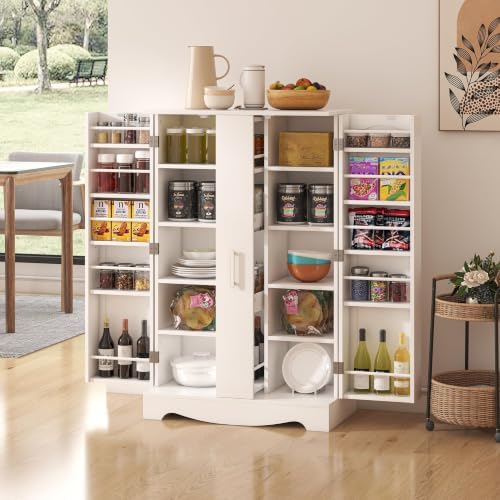 kepptory 47" Kitchen Pantry Cabinet with Drawer, Freestanding Food Storage Cabinet with Doors and Adjustable Shelves, Floor Cupboard Organizer for Dining Room White