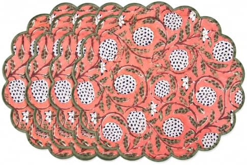 Ridhi Floral Block Print Round Placemats 15 in, Set of 4, Dark Salmon Pink