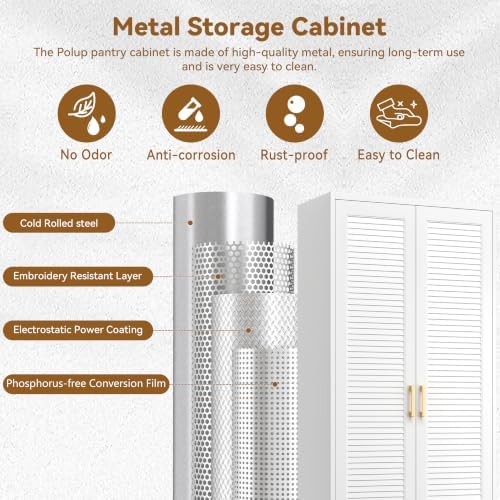 Polup 75" Pantry Cabinet, Tall Metal Storage Cabinet with Doors and Shelves